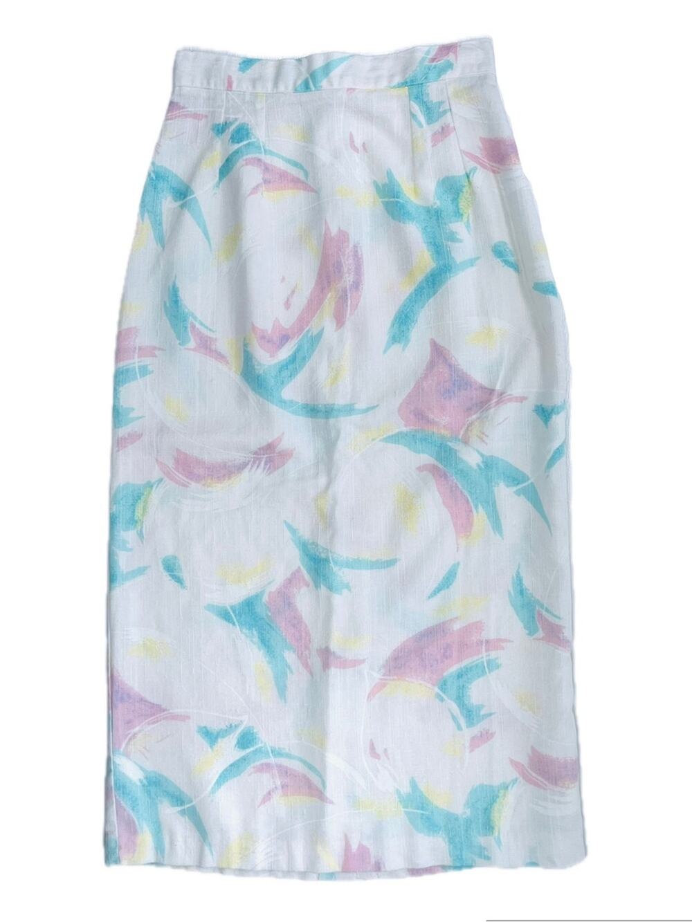 Vintage 1980's White Pastel Brushstroke Print Pencil Skirt Small Memphis Style